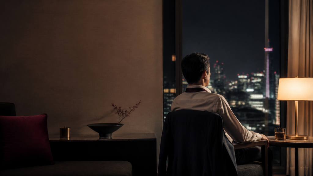 夜の窓辺で静かにネクタイを緩める男性
